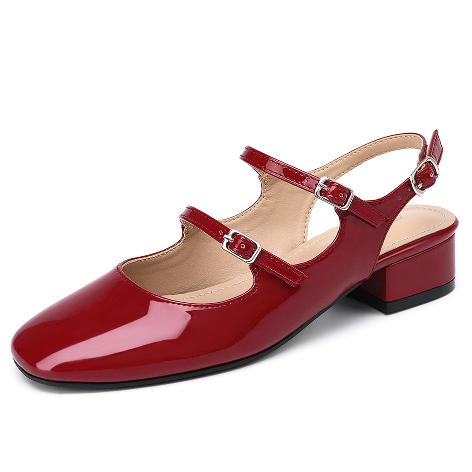 Womens Sz 6 Red Patent Mary Jane Slingback Shoes Square Toe Block Heel