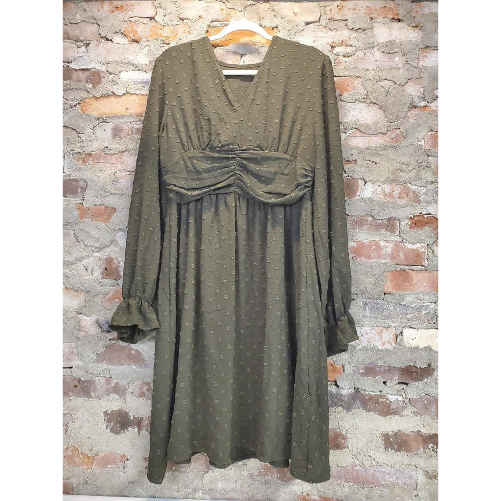 FimarSted Womens Dress L Olive Green Long Sleeve V Neck Ruched Textured Dotted