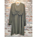 FimarSted Womens Dress L Olive Green Long Sleeve V Neck Ruched Textured Dotted