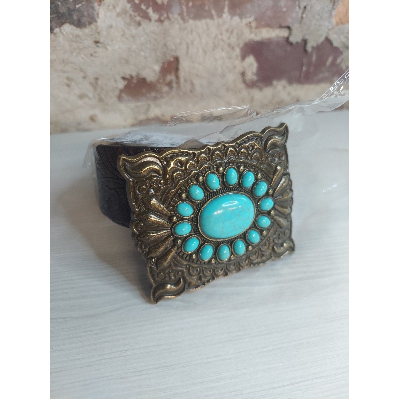 Western Turquoise Belt Large Buckle 37" Tooled Boho Cowgirl Antique Gold Tone