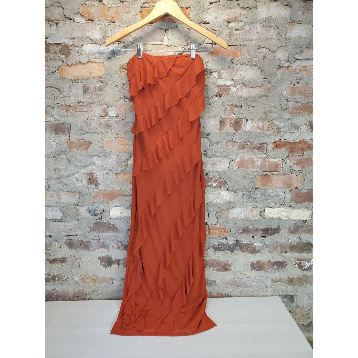 BTFBM Womens Strapless Ruffle Maxi Dress S Small Rust Solid Flowy New Summer