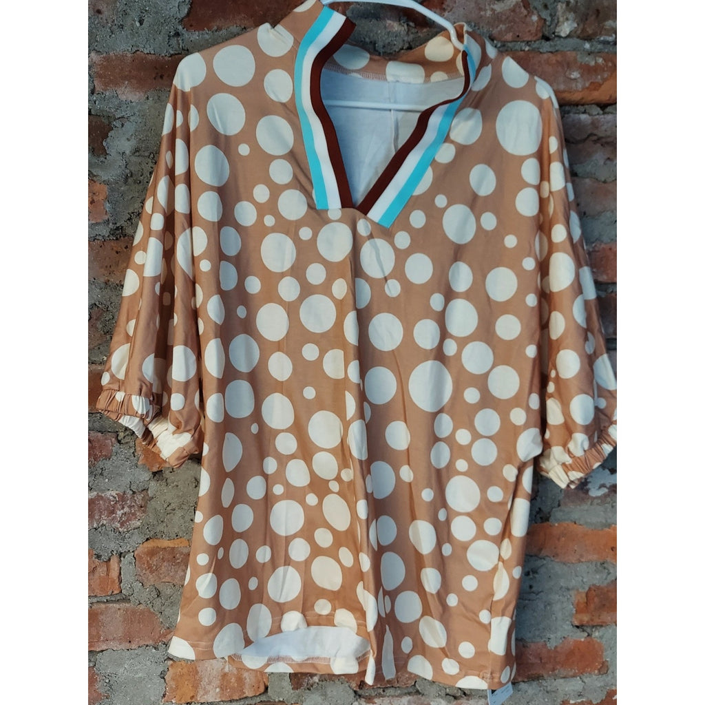 SAMEFAR Womens Blouse XL Tan White Polka Dot V Neck Dolman Sleeve Polyester