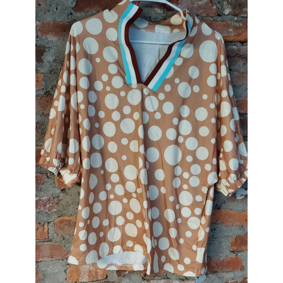 SAMEFAR Womens Blouse XL Tan White Polka Dot V Neck Dolman Sleeve Polyester