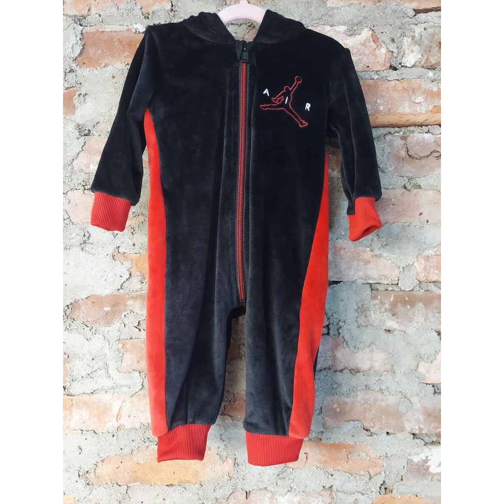 Jordan Baby Jumpsuit Romper 6M Black Red Velour Full Zip Hooded Jumpman