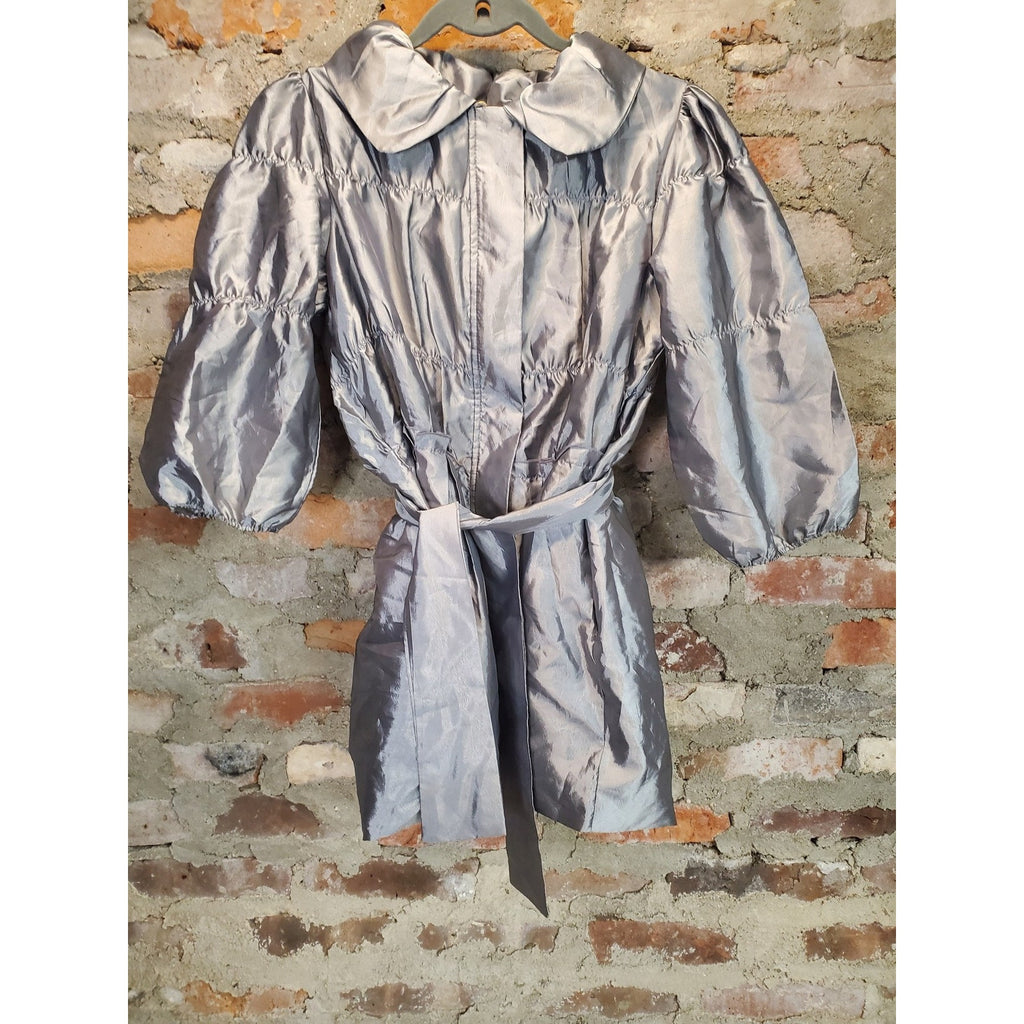 Oboe Girls Silver Jacket L Puff Sleeve Tie Waist Collared Polyester