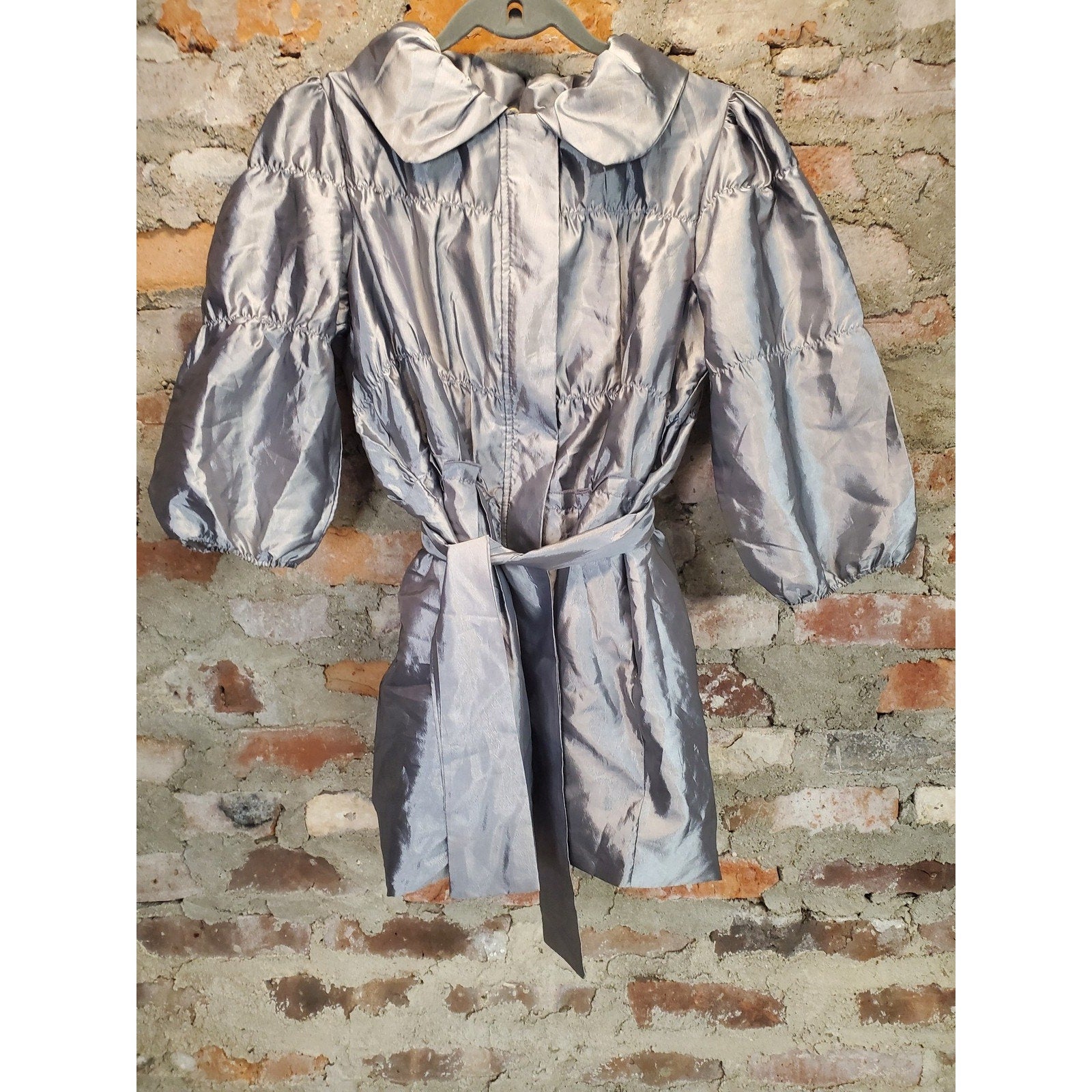 Oboe Girls Silver Jacket L Puff Sleeve Tie Waist Collared Polyester
