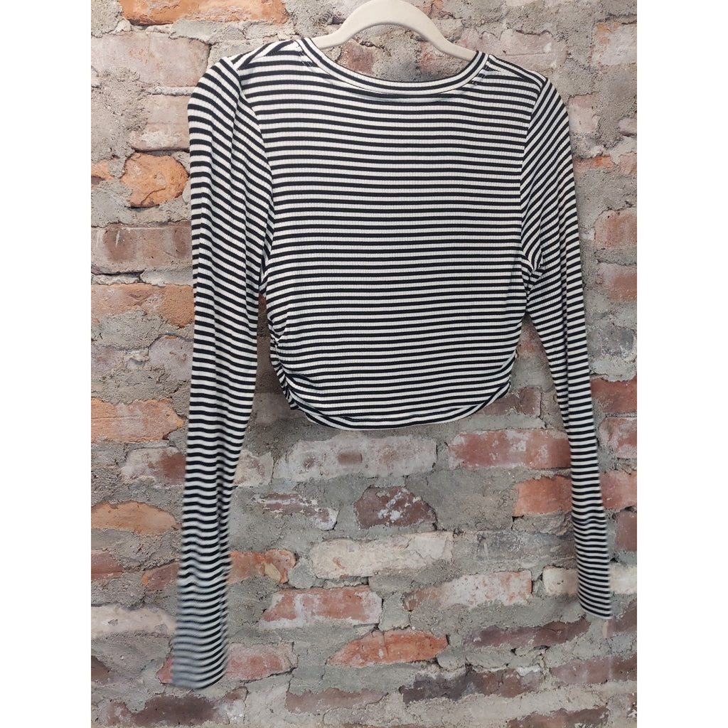 Aerie Offline Womens Sz M Long Sleeve Crop Top Black White Stripe Ribbed Knit