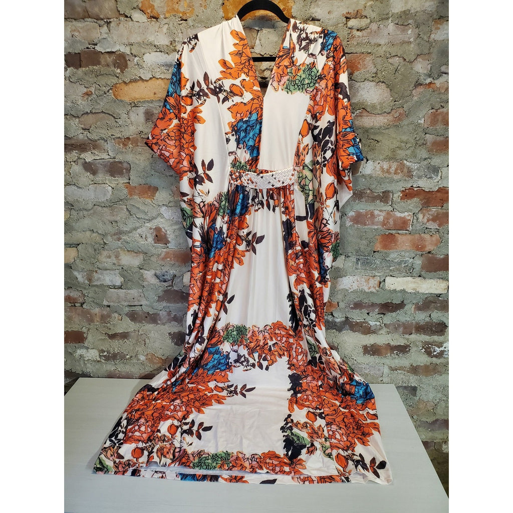 KOH KOH Womens Maxi Dress XL Off White Multicolor Floral V Neck Short Sleeve NWT