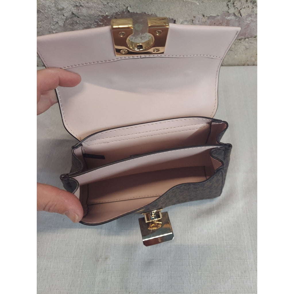 Michael Kors Womens MK Logo Pink Brown Crossbody Shoulder Handbag Gold Tone