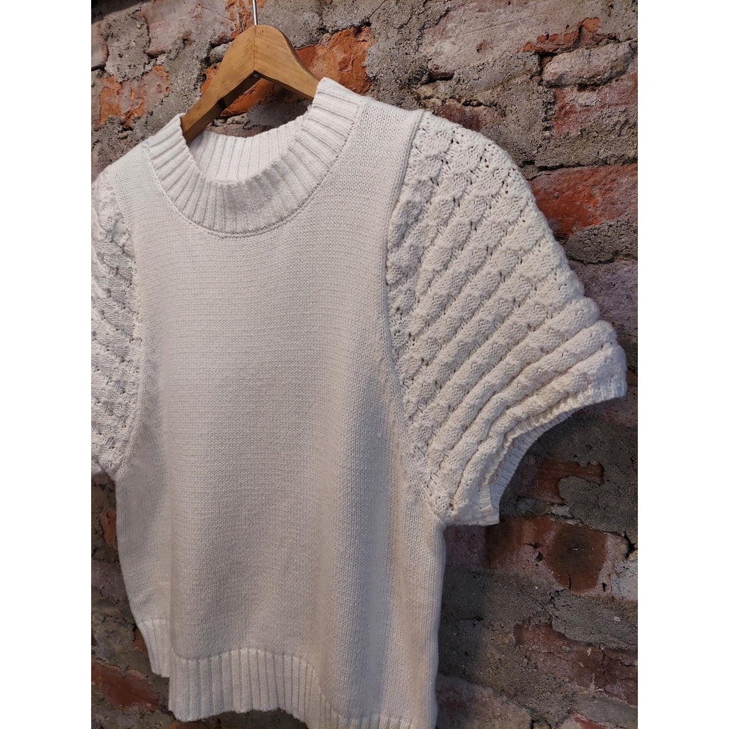 SUGARLIPS Womens Cream Short Sleeve Knit Mock Neck Sweater Top Ribbed M