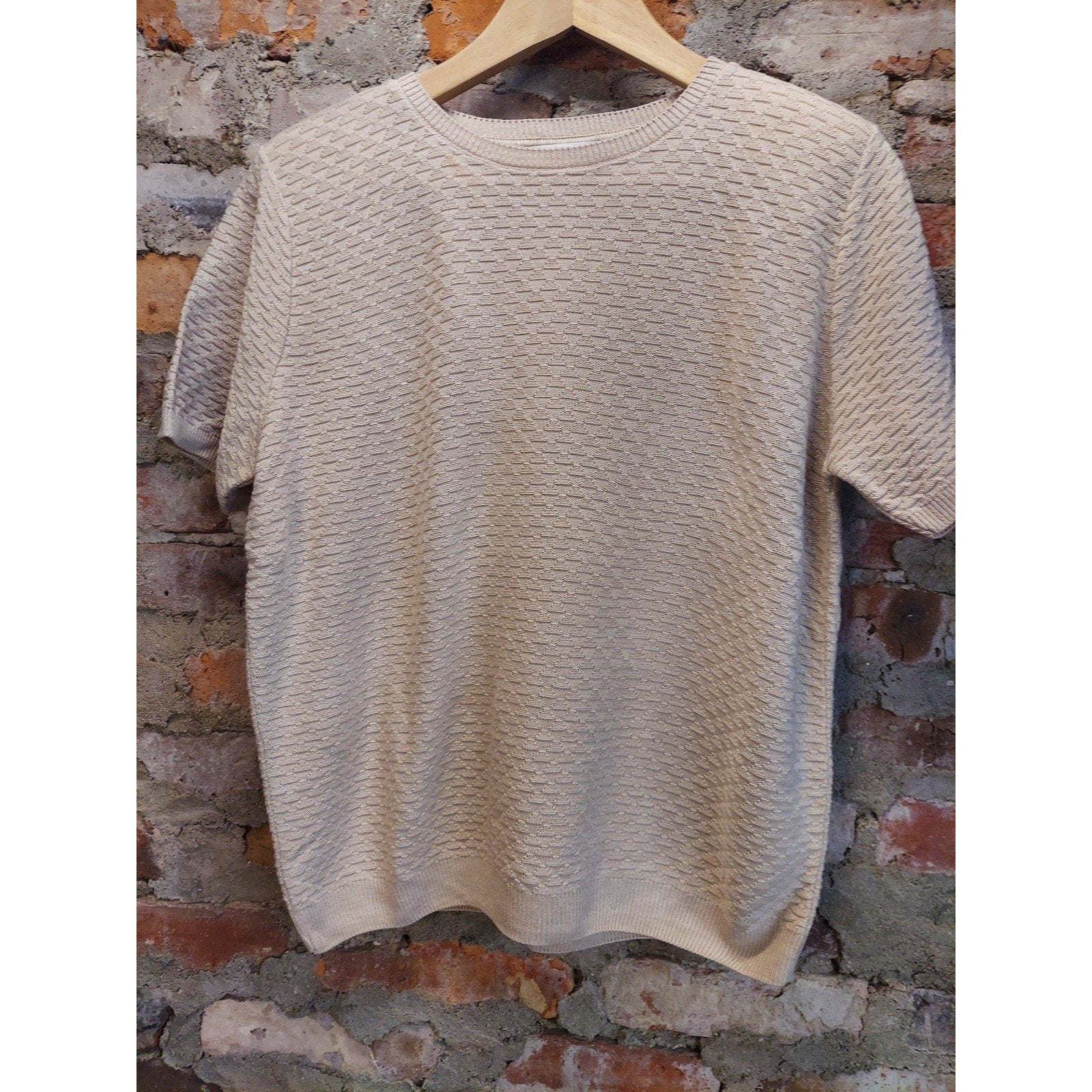 Alfred Dunner Womens Knit Top PM Petite Medium Beige Acrylic Textured SS