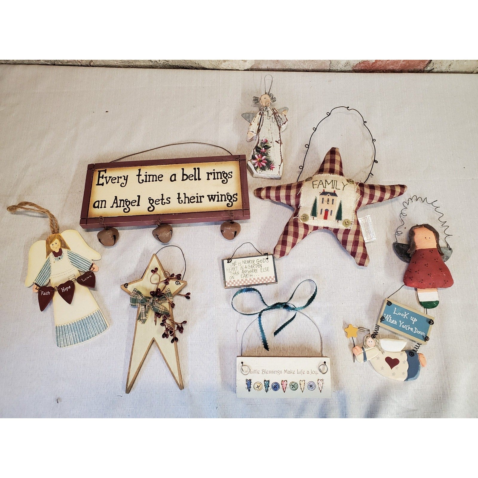 Primitive Country Folk Art Angel Star Ornaments Signs Wood Fabric Inspirational