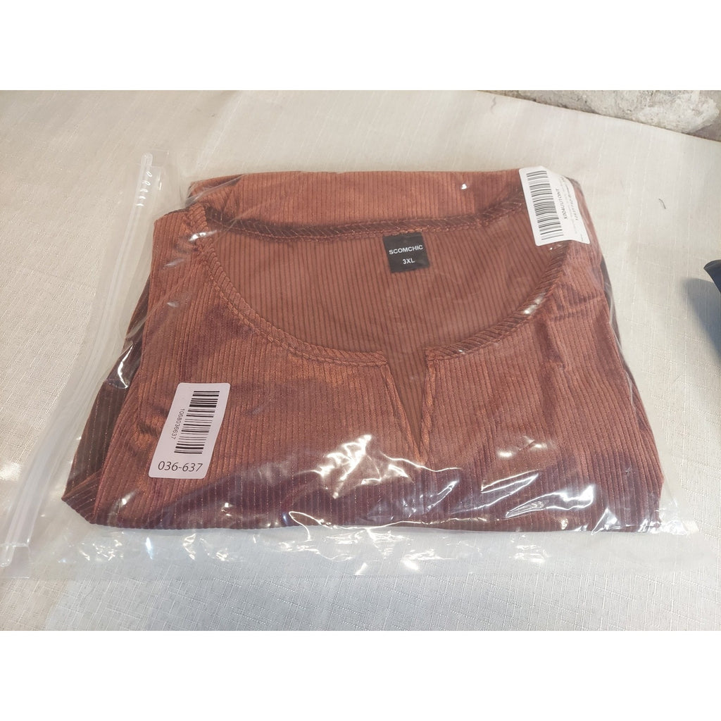 SCOMONCHIC Womens Plus Size 3XL Brown Ribbed V Neck Blouse Top Sparkle Sleeve
