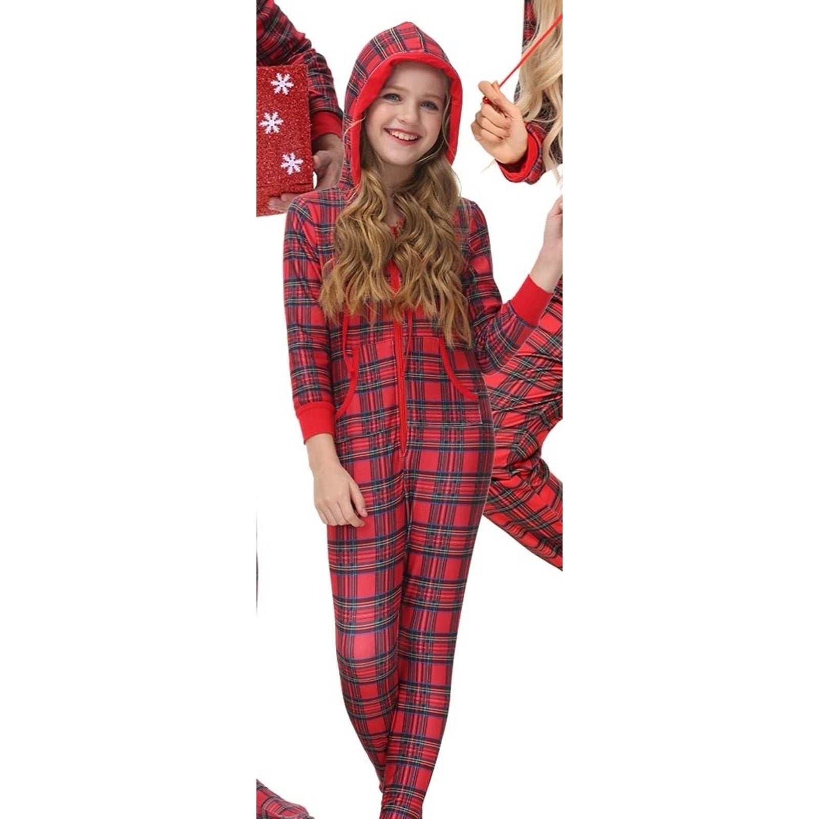 VESEA CKY Girls Hooded Romper Pajamas Size 7/8 Red Plaid Cotton Blend Full Zip