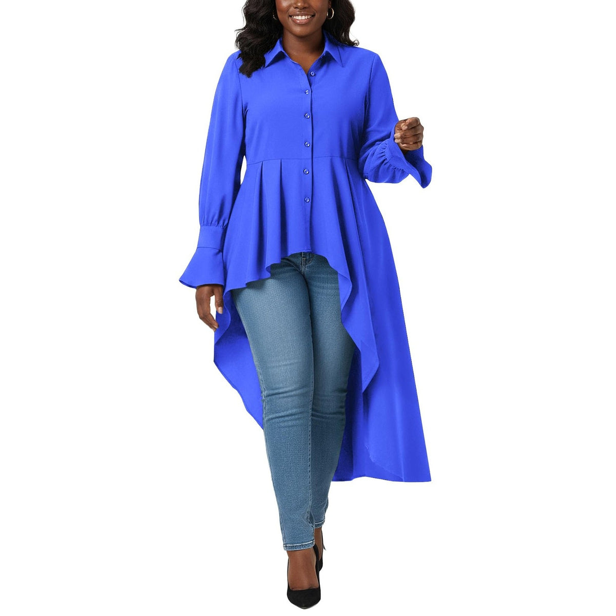 Umenlele Womens Sz S Small Long Sleeve Ruffle High Low Hem Blouse Royal Blue