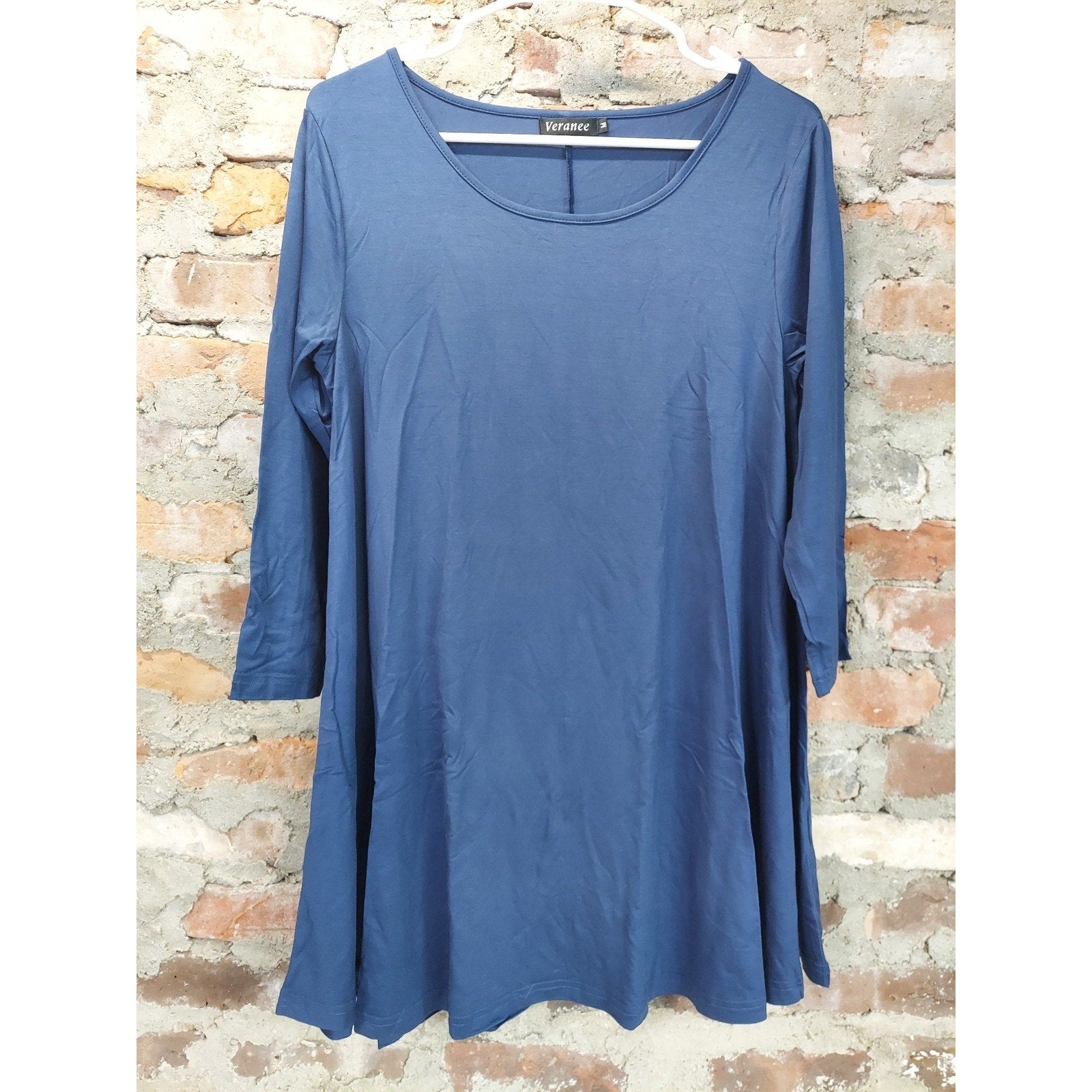 Veranee Womens Swing Tunic Top M Blue 3/4 Sleeve Scoop Neck Flowy Casual