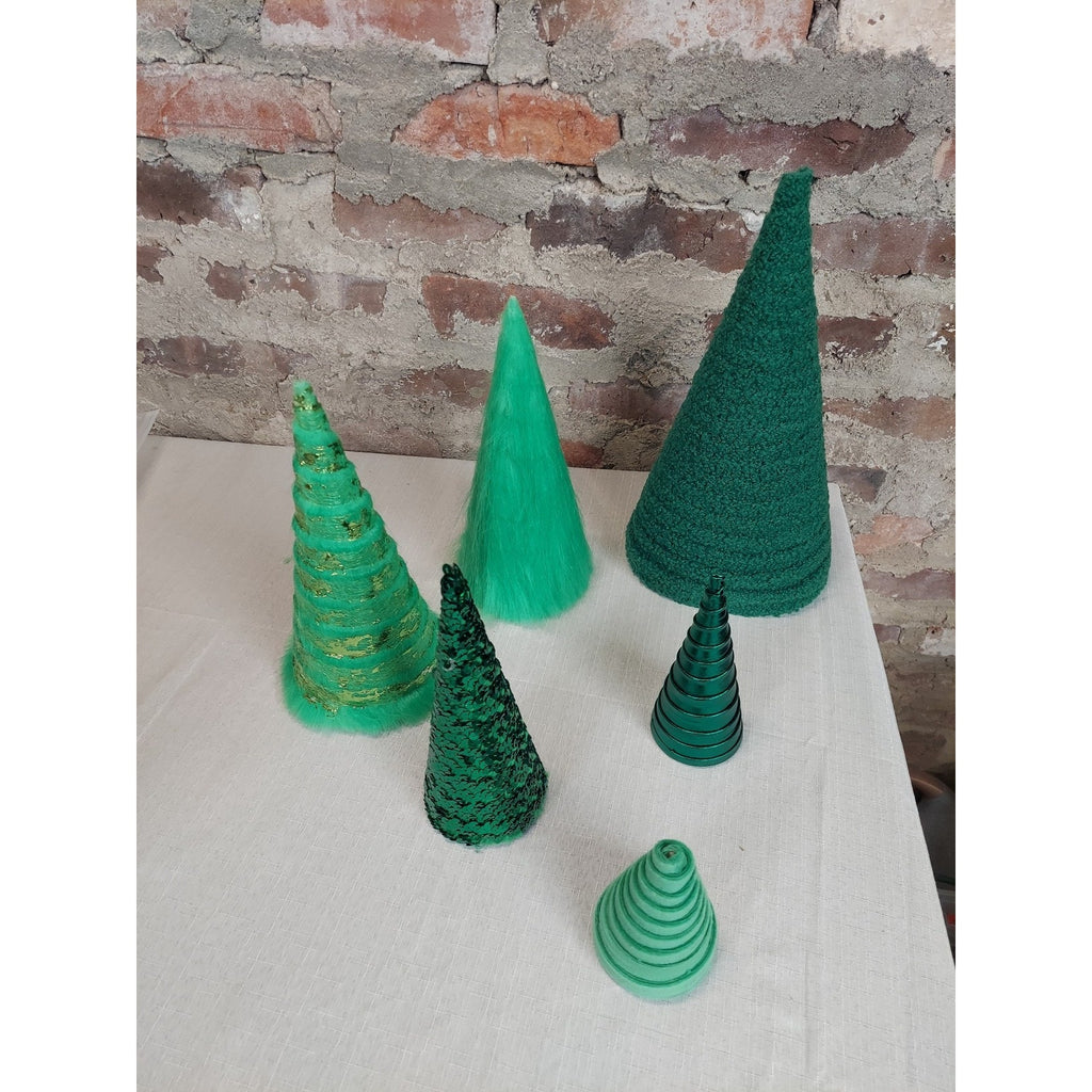 Christmas Trees Set Green Miniature 6 Piece Lot Textured Sequin Furry