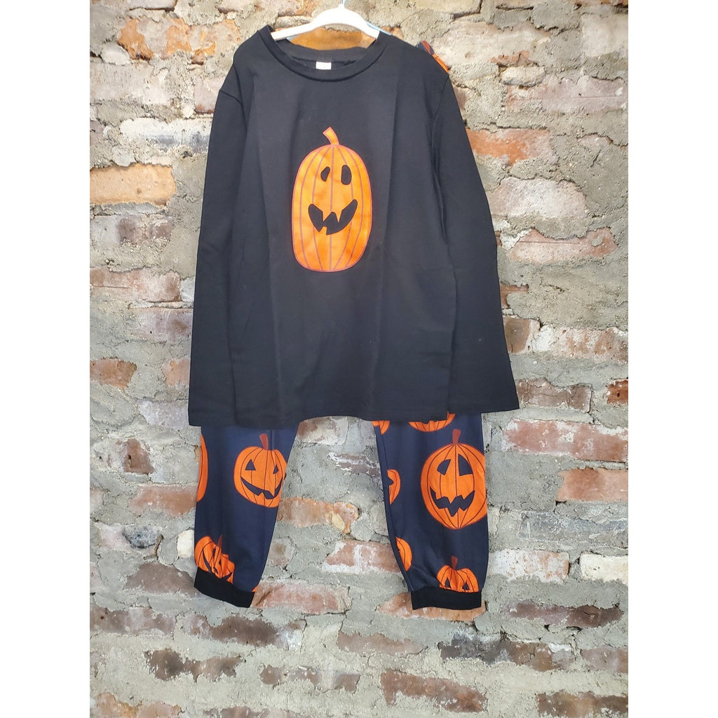 Kids Halloween Pajamas 9-10 Black Orange Pumpkin Jack O Lantern Long Sleeve Set
