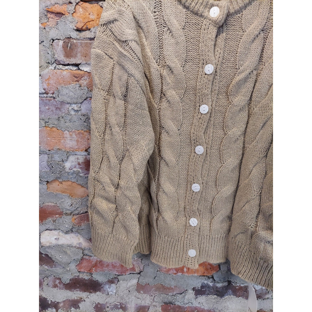 Womens Cable Knit Button Up Cardigan M Khaki Long Sleeve Sweater