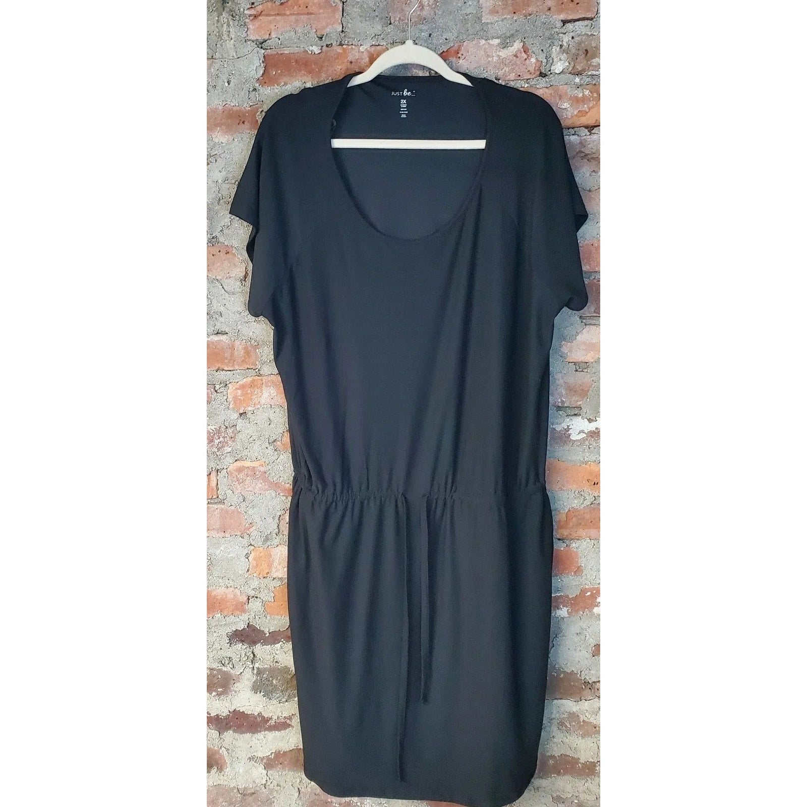 Just Be Womens Plus Size T-Shirt Dress 2X Black Short Sleeve Drawstring Pockets