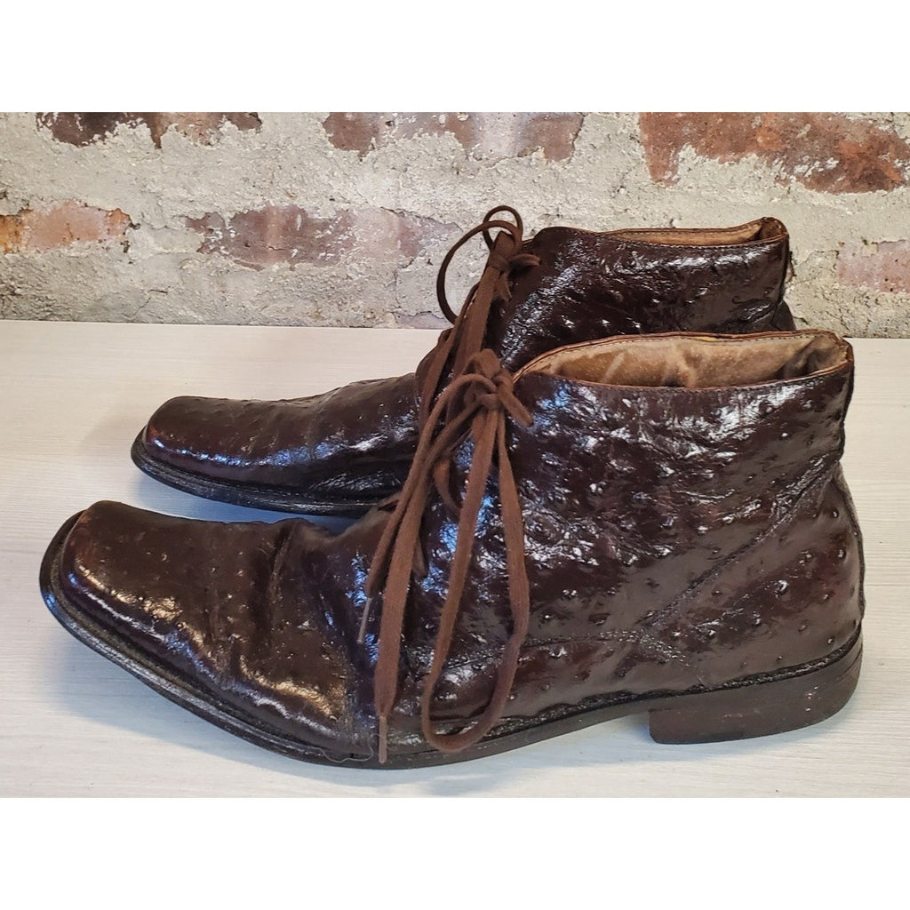 Mens Ostrich Leather Lace Up Ankle Boots 12M Square Toe Brown Dress