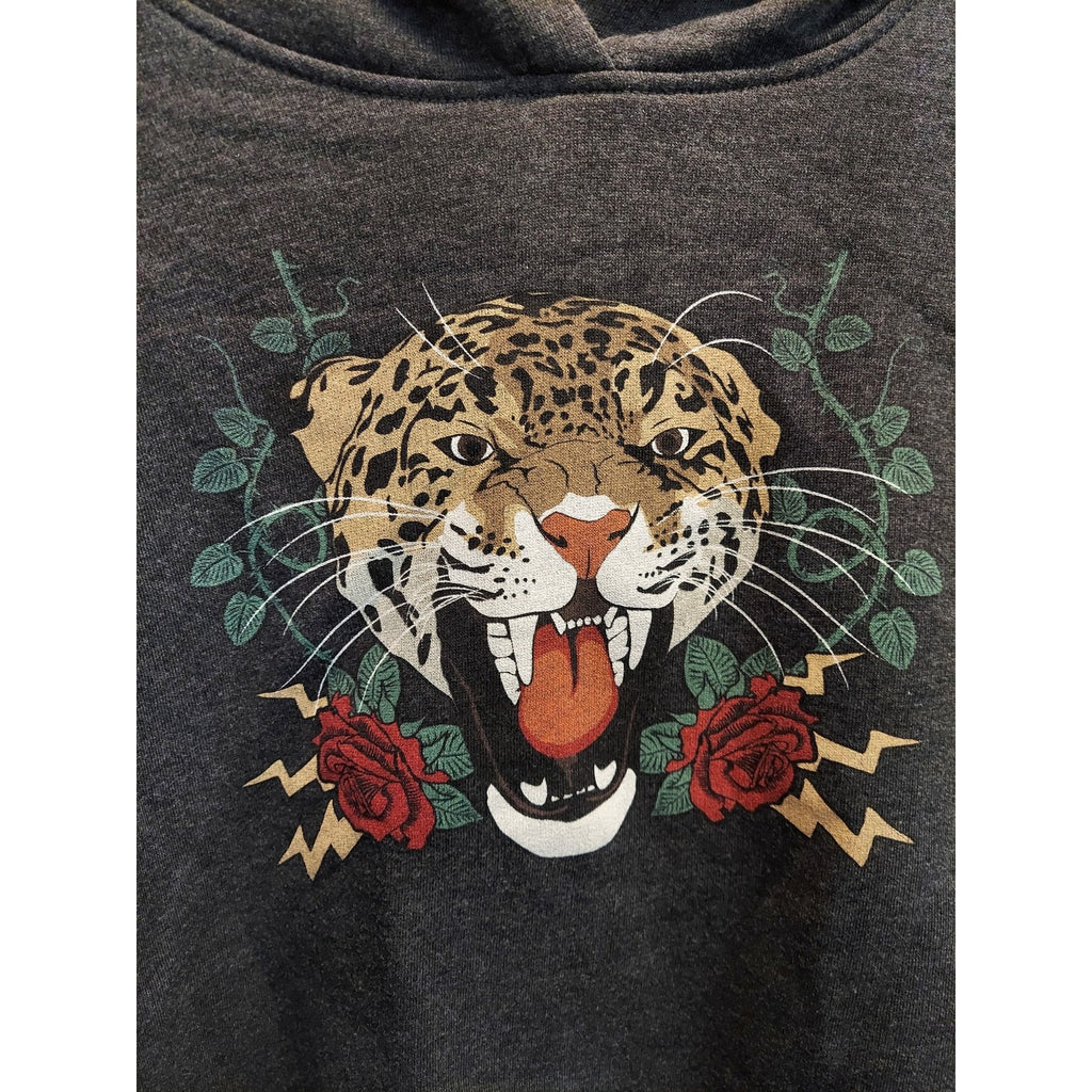 Ardene Womens Cropped Hoodie Medium M Dark Gray Leopard Graphic Print Rose