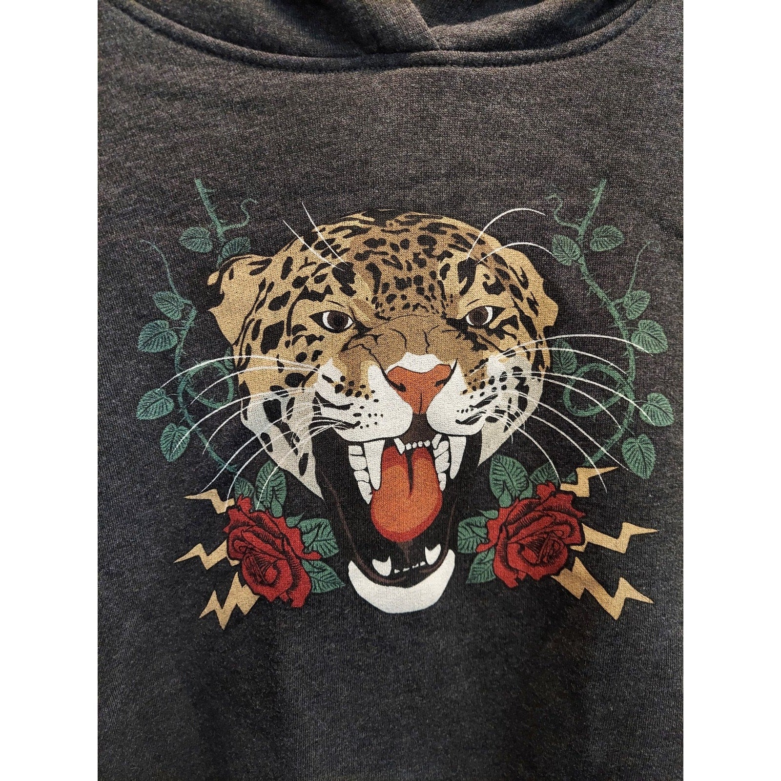 Ardene Womens Cropped Hoodie Medium M Dark Gray Leopard Graphic Print Rose