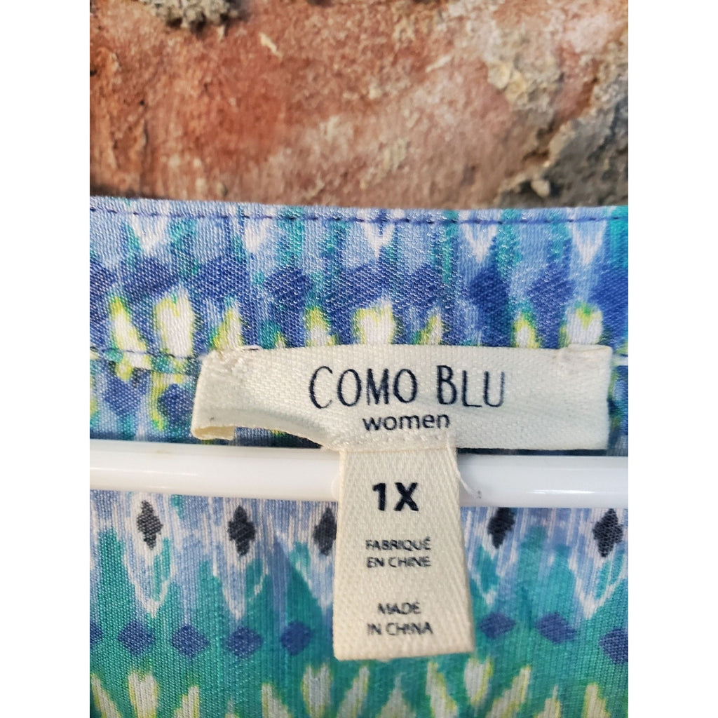 Como Blu Womens Plus Size 1X Sleeveless Tunic Top Geometric Print Blouse Blue