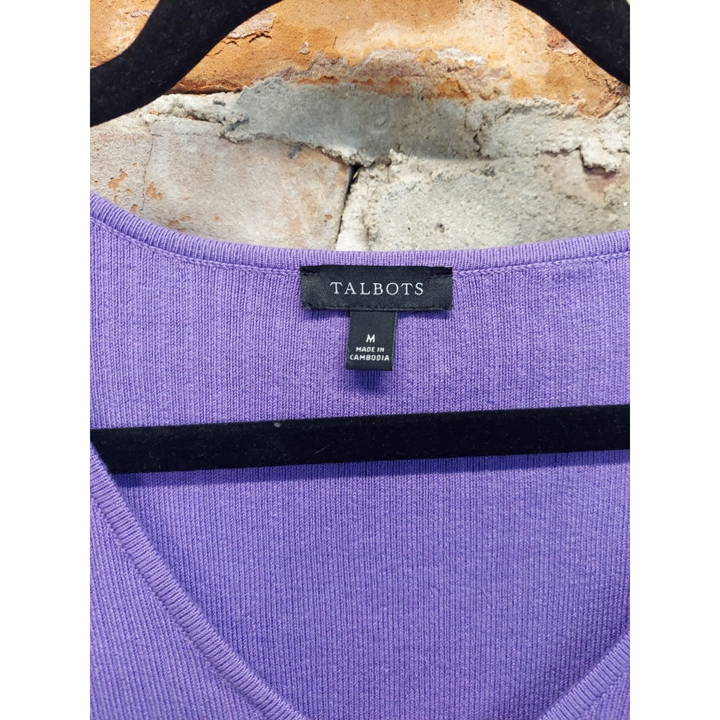 Talbots Womens Short Sleeve V Neck Ribbed Knit Pullover Sweater M Purple