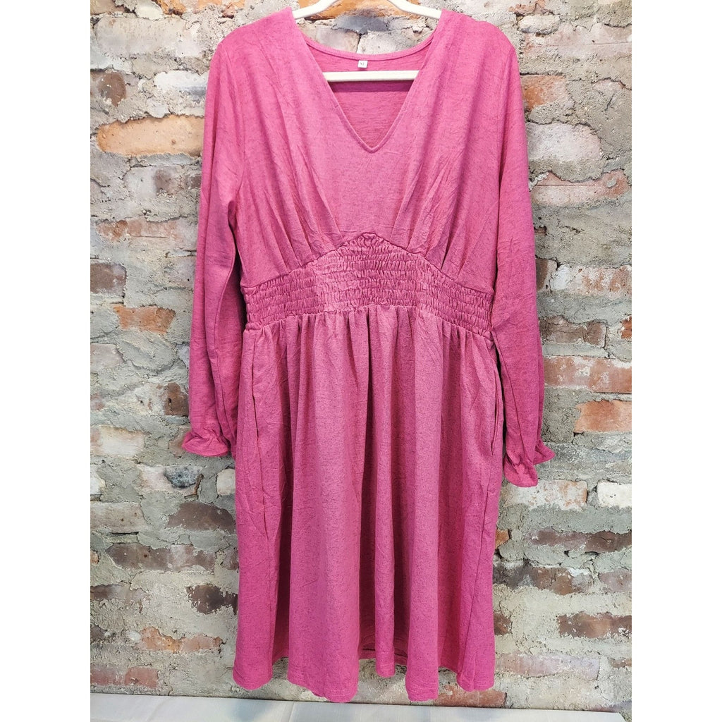 Womens Dress XL Pink Long Sleeve V Neck Smocked Waist A-Line Casual Pockets
