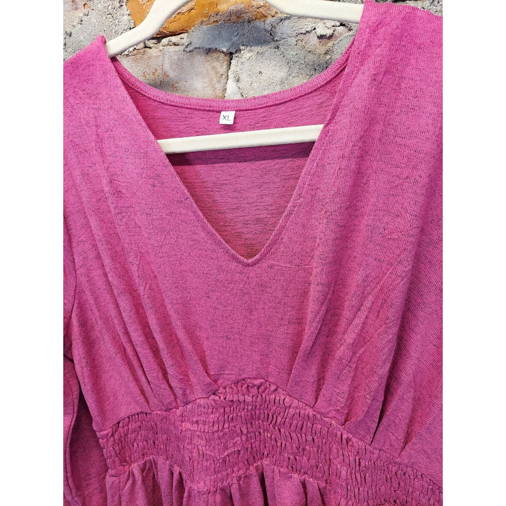 Womens Dress XL Pink Long Sleeve V Neck Smocked Waist A-Line Casual Pockets