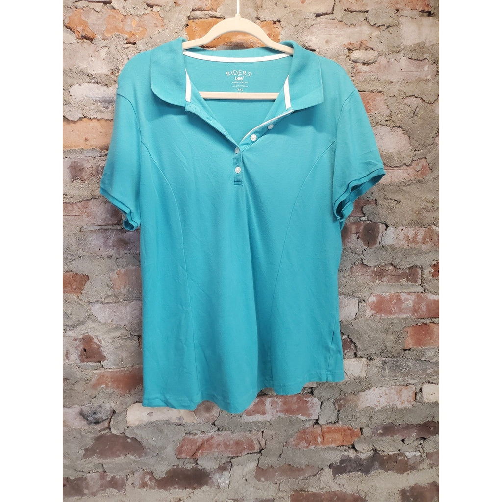 Riders by Lee Womens Polo Shirt XXL Teal Short Sleeve Collared Button Front