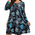 BLANCHESy Womens Dress 3XL Black Blue Tropical Print Long Sleeve Pockets A Line
