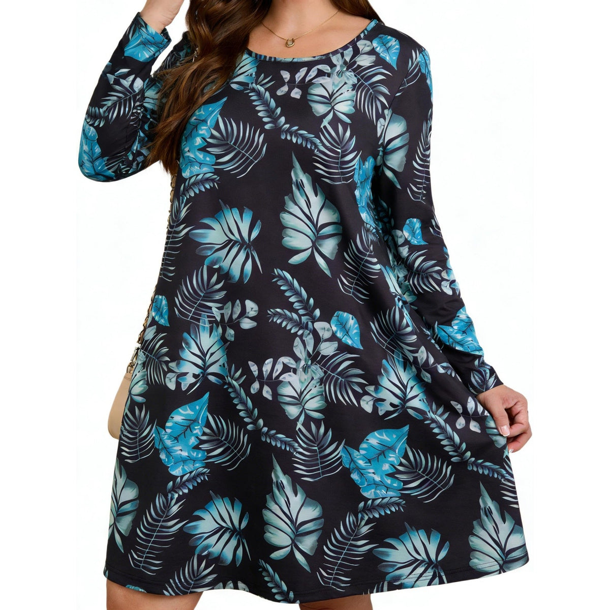 BLANCHESy Womens Dress 3XL Black Blue Tropical Print Long Sleeve Pockets A Line