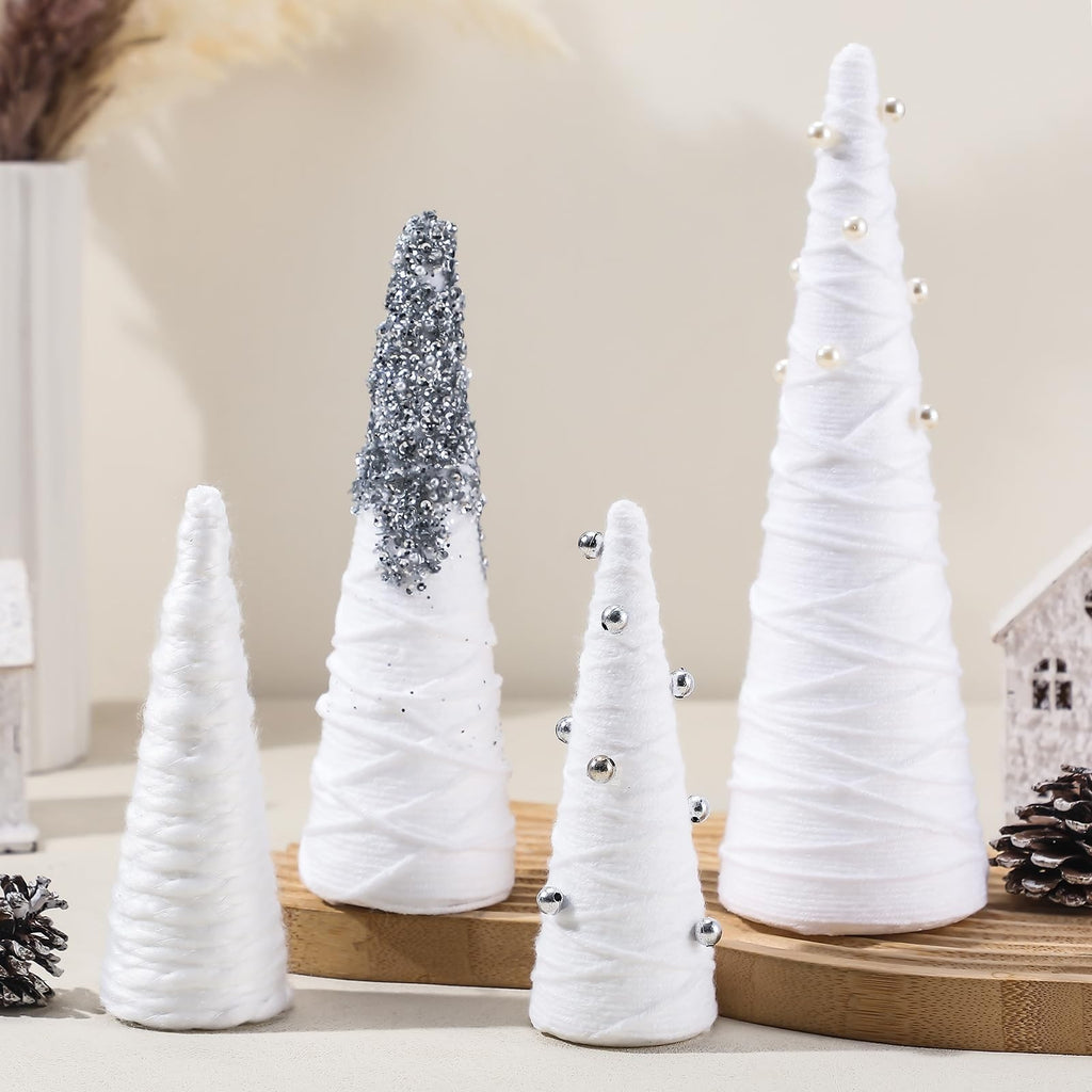 Set of 4 White Cone Christmas Trees Tabletop Modern Minimalist Holiday Decor