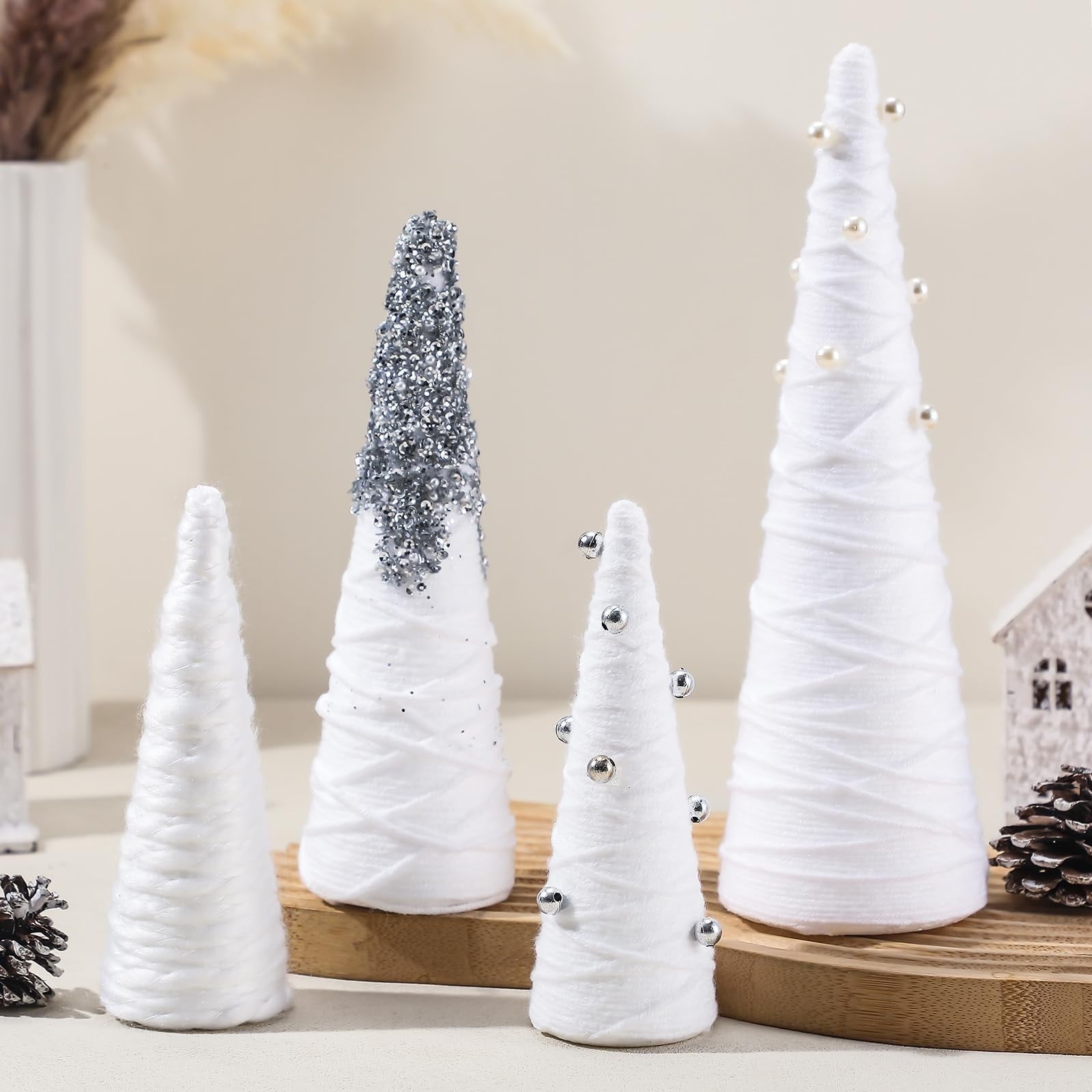 Set of 4 White Cone Christmas Trees Tabletop Modern Minimalist Holiday Decor
