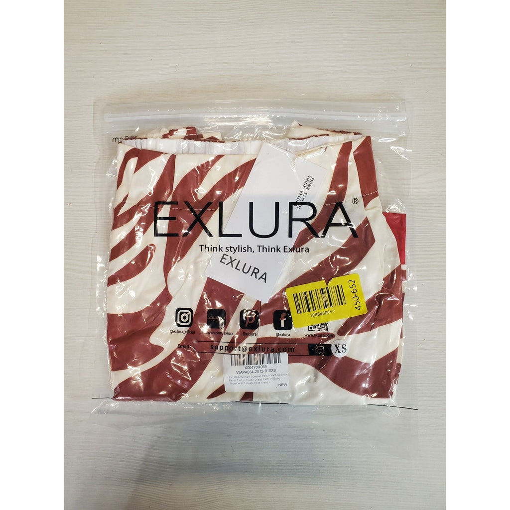 EXLURA Women Shorts XS Brown White Zebra Red Summer Beach Tie Waist Boho