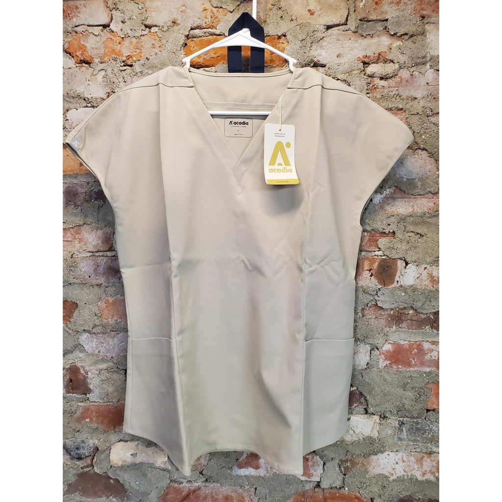 Acadia Womens Scrub Top L Tan V Neck Sustainable Healthcare Uniform NWT Pockets