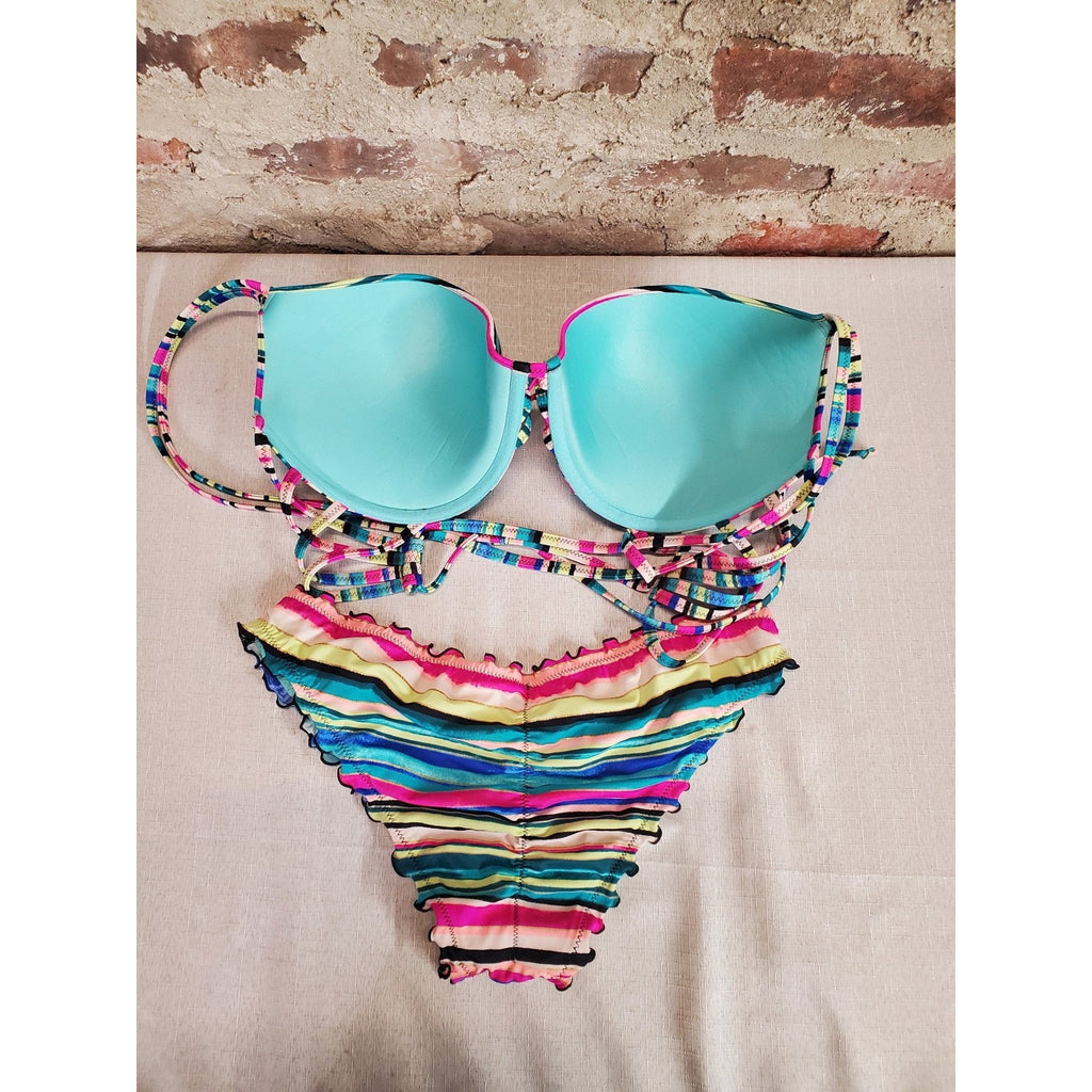 Shade & Shore Womens Bikini Swimsuit Set L Multicolor Striped Push Up Top 36DD