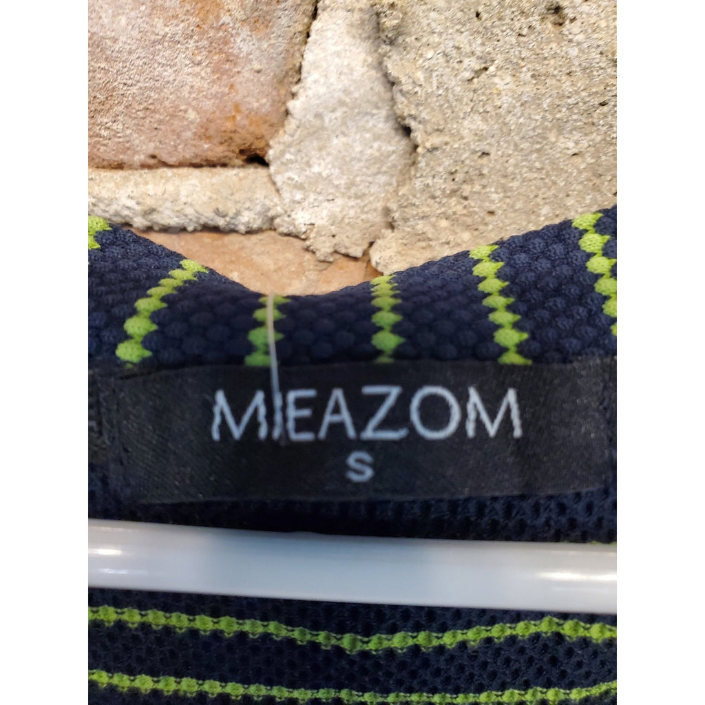 MIEAZOM Womens Dress Small Navy Lime Green Stripe Ruffle Sleeve V Neck Pockets
