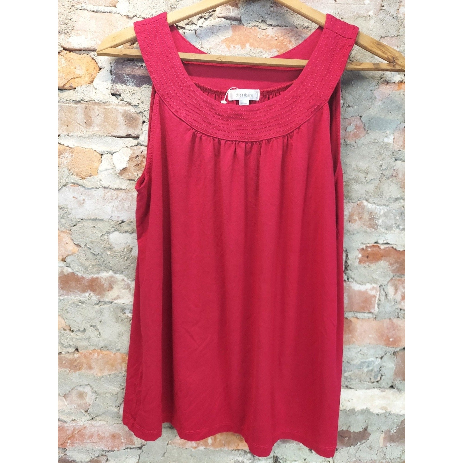 Dressbarn Womens Plus Size Tank Top 2X Red Shirred Neck Gathered Collar