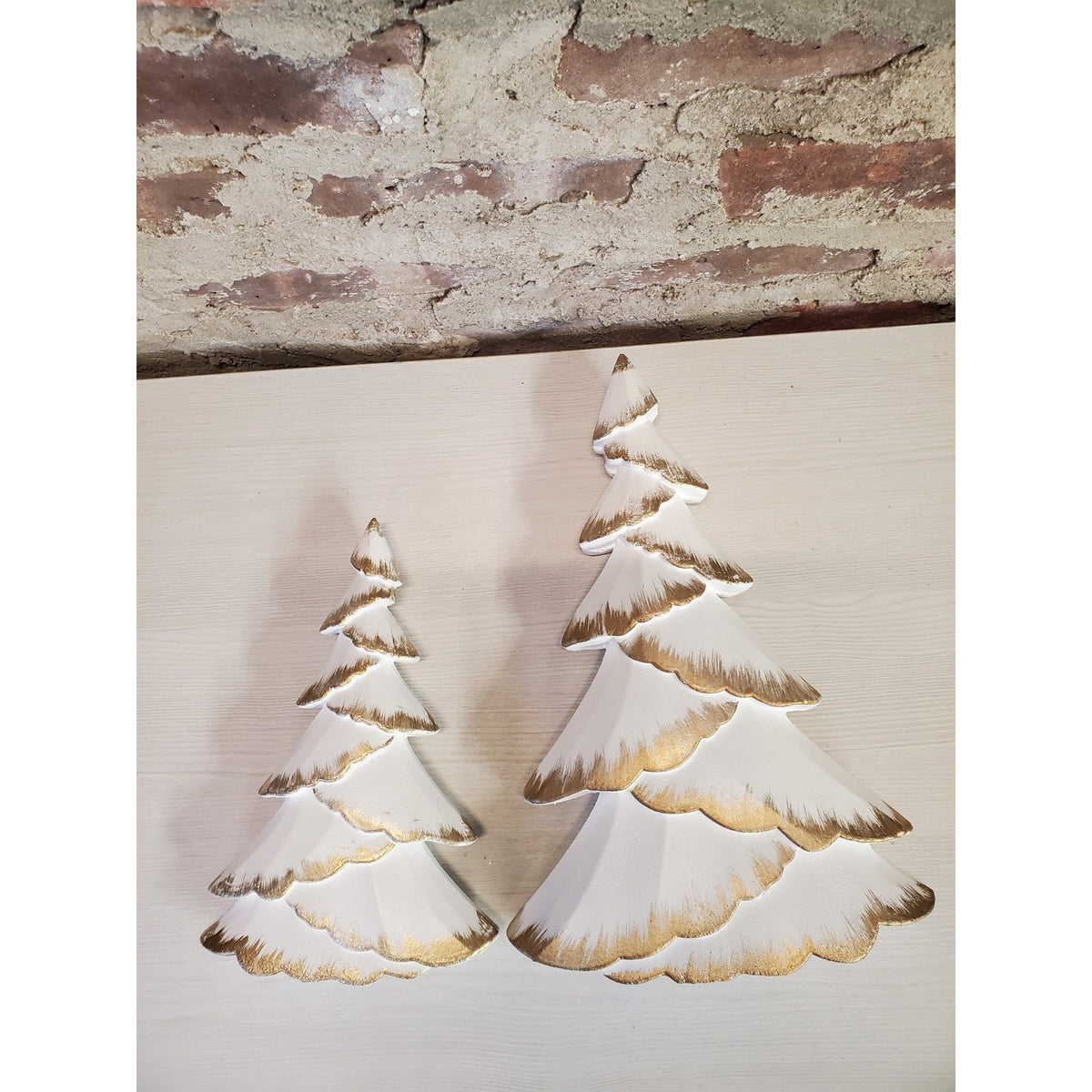 Christmas Trees Set 2 White Gold Wood Tiered Tabletop Holiday Decor Farmhouse