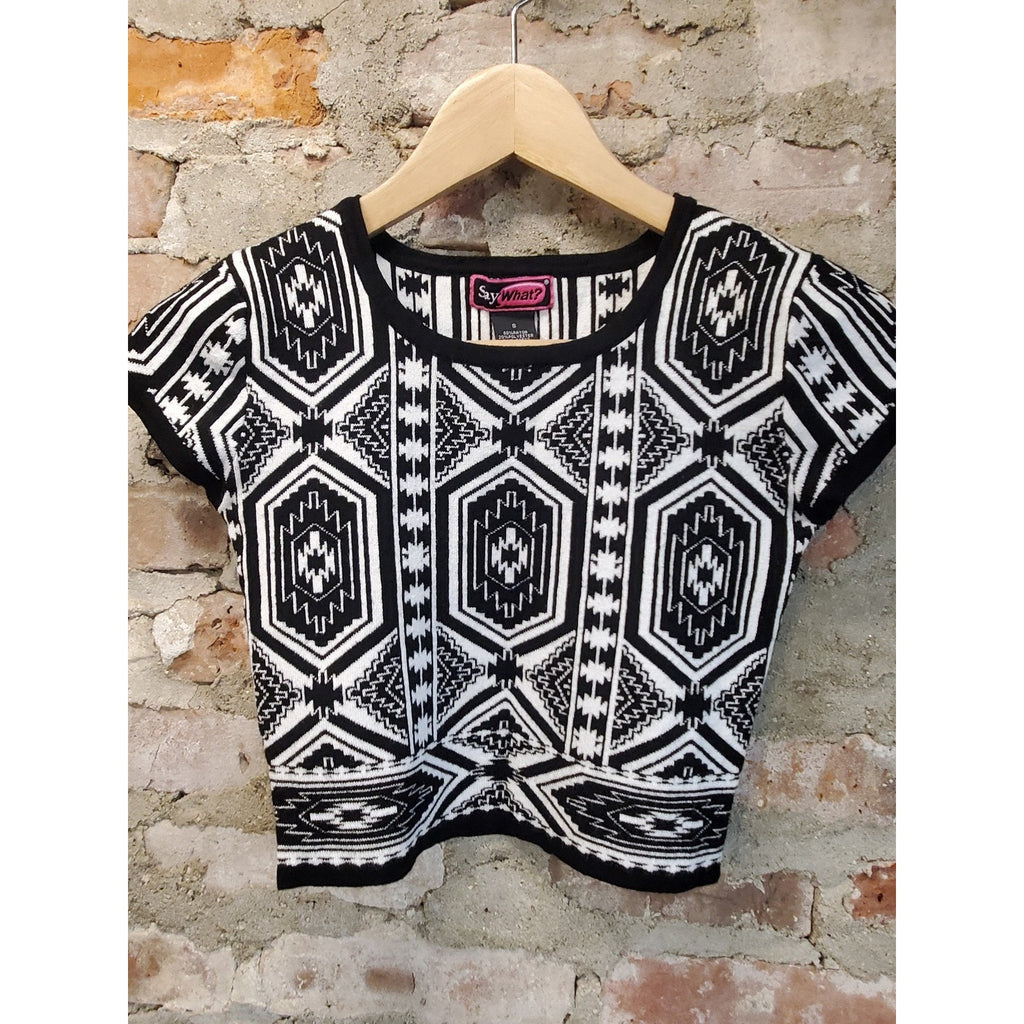 Say What? Womens Crop Top Small Black White Geometric Knit Pattern Rayon
