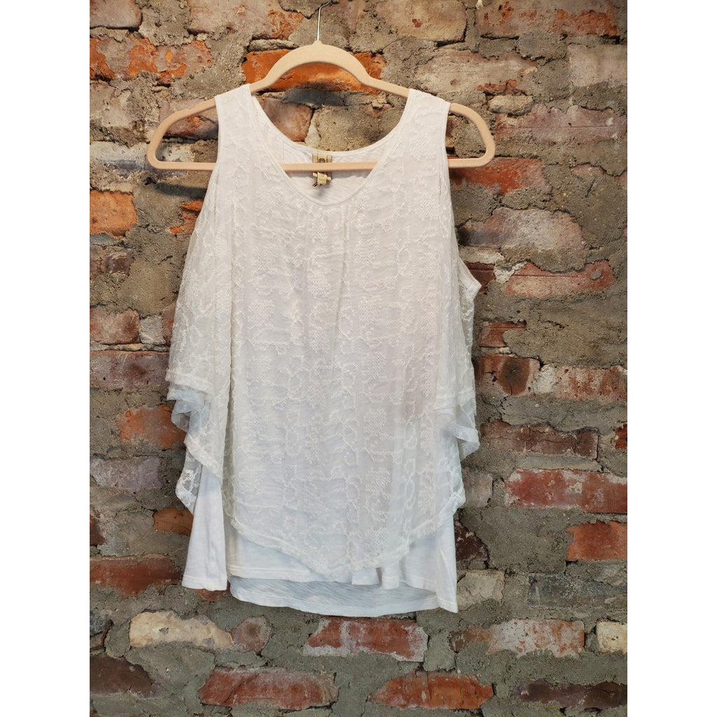 XCVI Womens White Lace Cold Shoulder Layered V Neck Tank Top Size M