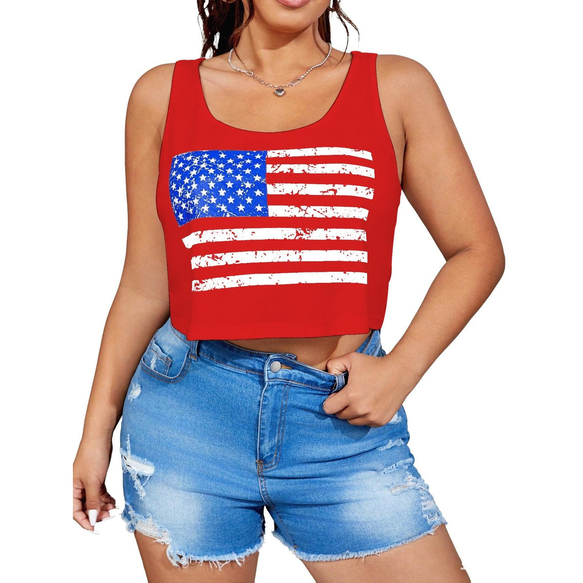 Womens Plus American Flag Crop Tank Top 2XL 4th of July Patriotic Red White Blue