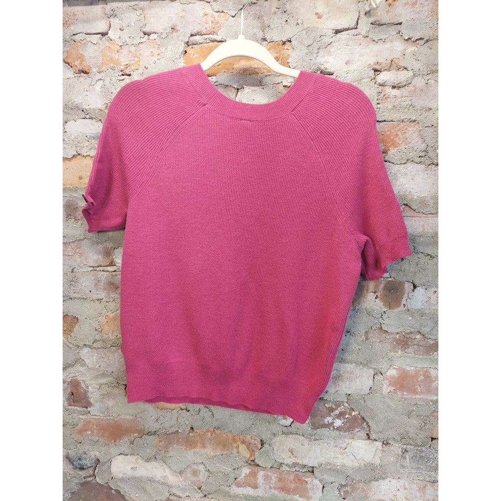 ARACH&CLOZ Womens Pink Short Sleeve Button Sleeve Ribbed Knit Pullover Sweater S