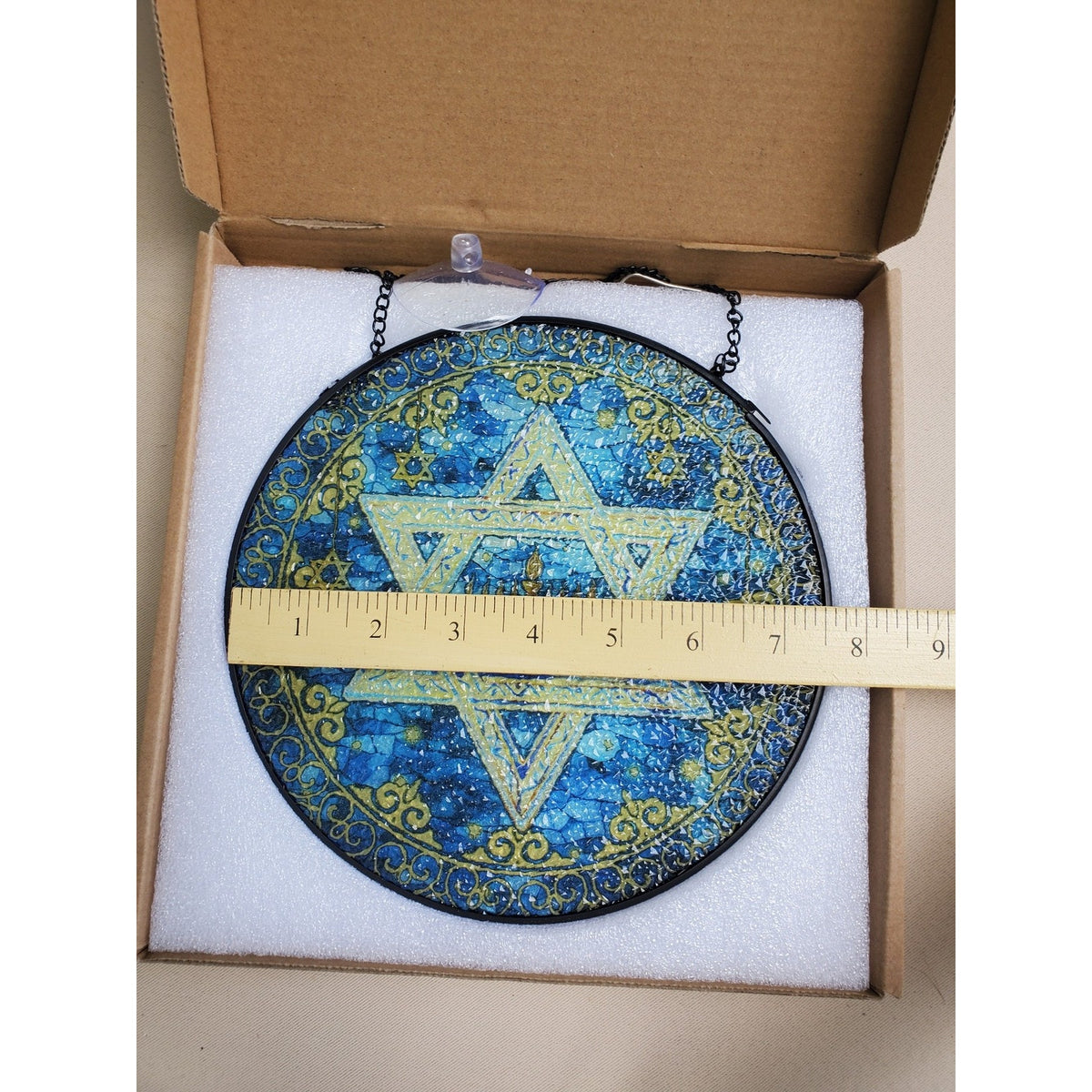 Star of David Menorah Suncatcher Stained Glass Mosaic Art Window Hanging Blue