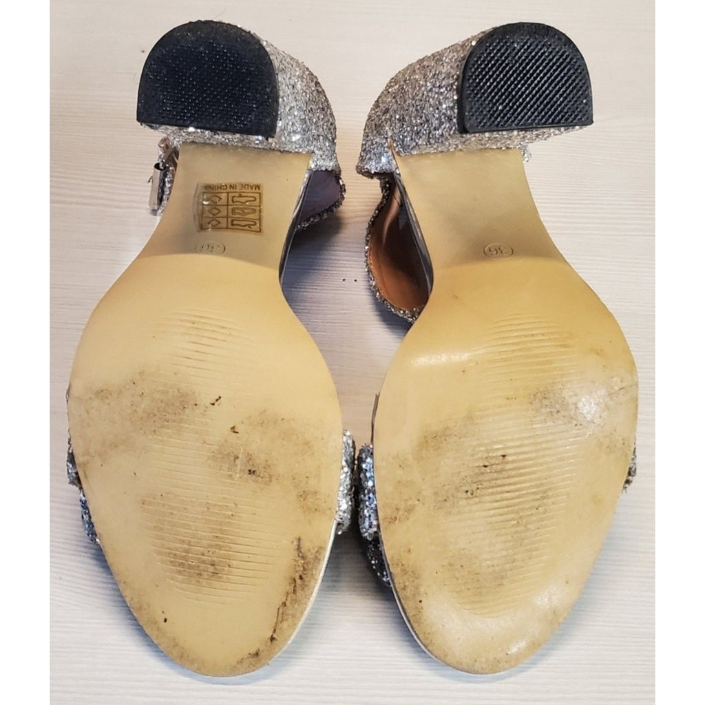 Womens Silver Glitter Block Heel Ankle Strap Bow Sandals US 6 Party Dance