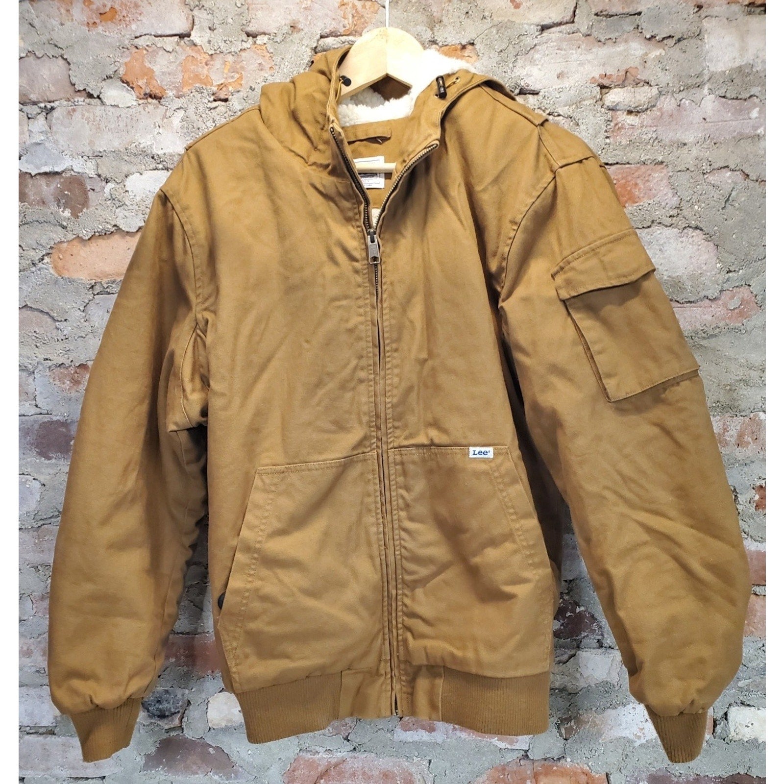 Lee Mens Workwear Hooded Full Zip Sherpa Lined Bomber Jacket S Brown Vintage