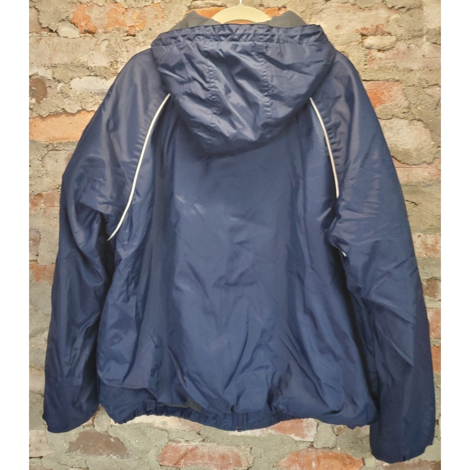 Adidas Mens M Navy Blue Hooded Windbreaker Jacket Full Zip 3 Stripe